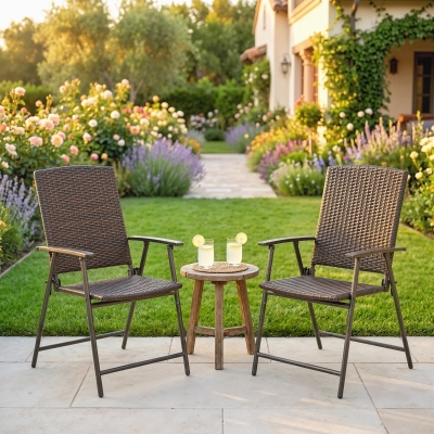 Outsunny Outdoor Wicker Dining Chair Set of 2, 2 Pieces Rattan Foldable Chair with Steel Frame for Garden, Backyard, Porch, Brown