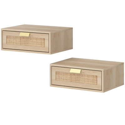 HOMCOM Floating Bedside Tables Set of 2, Wall Mounted Nightstands with Rattan Drawer and Wood Effect, Oak