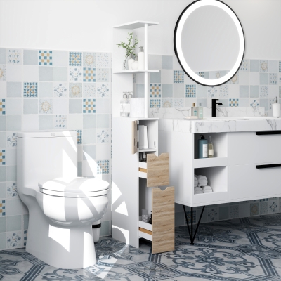 HOMCOM Tall Bathroom Storage Cabinet, Narrow Bathroom Cabinet with Drawers and Open Shelves for Small Spaces, Natural Wood