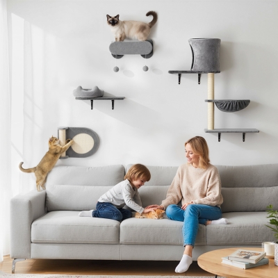 PawHut 4Pcs Cat Wall Shelves with Scratching Post & Pad, Condo, Hammock, Bed, Step, Hanging Pompoms, Perches