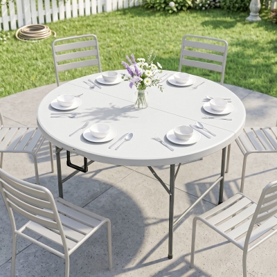 Outsunny Φ48" Folding Patio Table, Outdoor HDPE Picnic Table, Card Table for 6, Round Folding Banquet with Metal Frame, White