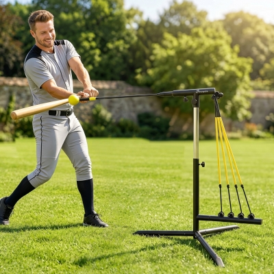Soozier Baseball Hitting Trainer with 4 Power Bands, 32.7"-43.3" Adjustable Batting Practice Equipment with Stakes, Carry Bag