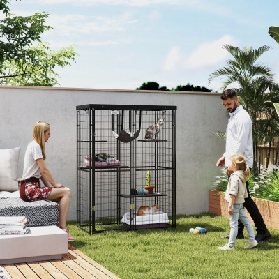 PawHut Metal Cat Cage with Waterproof Cover, 4 Platforms, Hammock, Washable Cushions for 1-3 Kittens, 46.5" x 22" x 62", Black