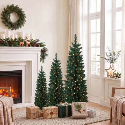 HOMCOM Artificial Pencil Christmas Tree Set of 3, Pre-Lit Christmas Trees with PVC Tips and Warm White LED Lights, Green