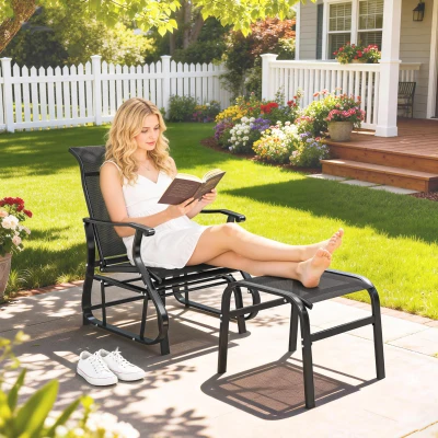 Outsunny Outdoor Glider Chair Set with Ottoman, High Back, Black