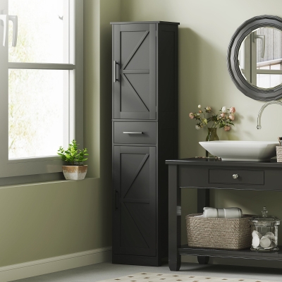 HOMCOM 67" Tall Bathroom Cabinet, Narrow Bathroom Storage Cabinet with Drawer, Barn Doors and Adjustable Shelves, Black