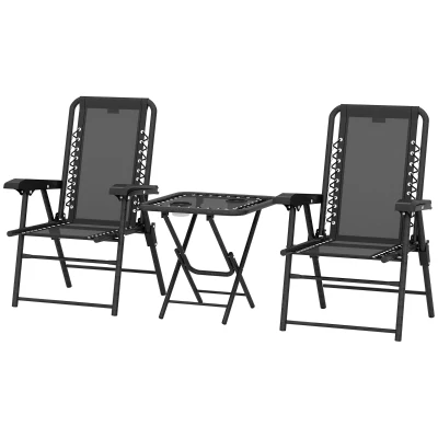 Outsunny 3 Pieces Patio Bistro Set, Outdoor Folding Table and Chairs Set, Metal Patio Furniture Set with Cup Holders