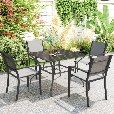 Outsunny Square Outdoor Patio Dining Table, Garden Table with Umbrella Hole, Slatted Metal Top for Backyard, Poolside, Dark Grey