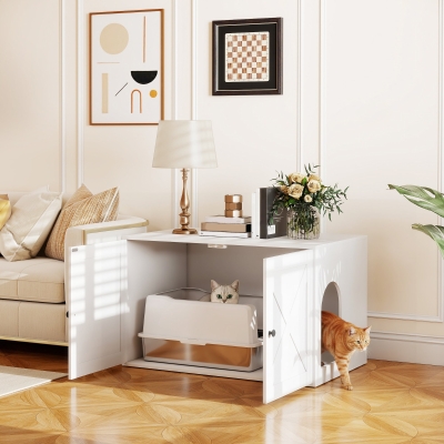 PawHut Cat Litter Box Enclosure with Double Doors, Handles, Fit Most of Cat and Litter Box, 31.5" x 21" x 20", White