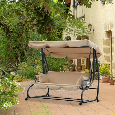 Outsunny 3-Seat Outdoor Patio Swing Chair, 2-in-1 Convertible Flat Bed, Canopy Swing with Adjustable Shade, Removable Cushions, Cup Holder, Beige
