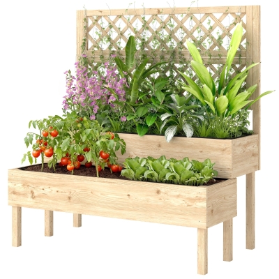 Outsunny 2-Tier Raised Garden Bed with Trellis, Natural Wood