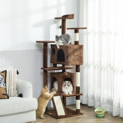 PawHut 63" Cat Tree, Multi-Level Cat Tower with Scratching Posts, Cat Condos, Bed, Platforms, Ramp, Toy Ball, Light Brown