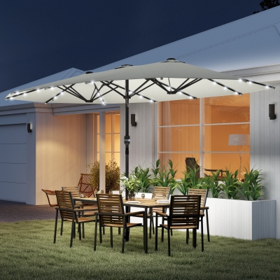 Outsunny 173" Double-Sided Sun Umbrella Garden Parasol Patio Sun Shade Outdoor with LED Solar Light, Cream White