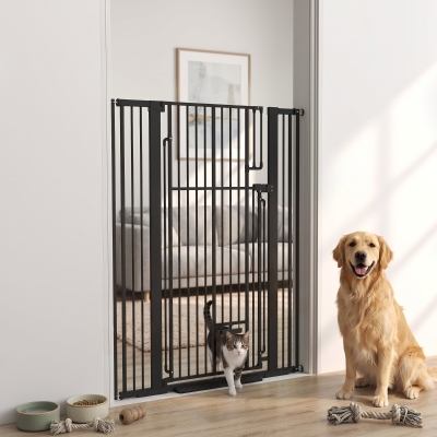 PawHut 53.1" Tall Dog Gate with Cat Door, 32"-42.5" Wide Adjustable Pressure Mounted for Doorways, Hallways, No Drilling, Black