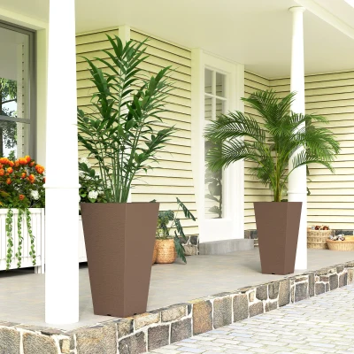 Outsunny 23" Tall Outdoor Planters, Set of 2 Plastic Pots, Brown