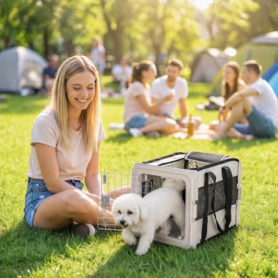 PawHut Pet Carrier Bag, Soft-Sided Dog Carrier with Bottom Board and Mesh Windows, Foldable Pet Travel Bag, Grey
