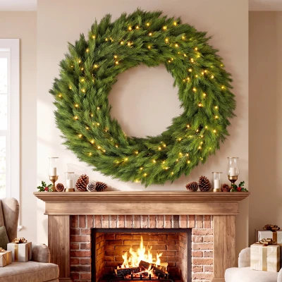 HOMCOM 48" Pre-Lit Norwegian Spruce Christmas Wreath, 150 LED, Green