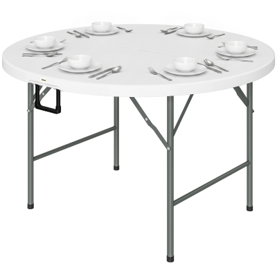 Outsunny Φ48" Folding Patio Table, Outdoor HDPE Picnic Table, Card Table for 6, Round Folding Banquet with Metal Frame, White