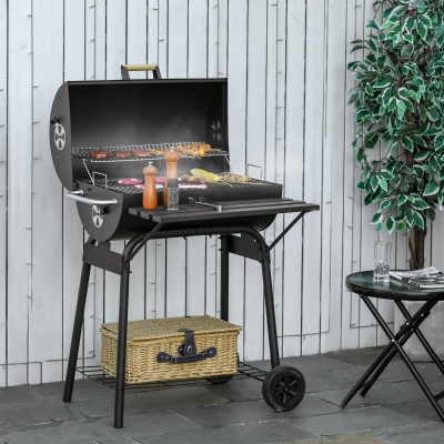 Outsunny 30" Charcoal Barbecue Grill with Wheels Outdoor Barbecue with Adjustable Charcoal Rack, Storage Shelf, Wheel, for Garden Camping Picnic