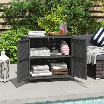 Outsunny Wicker Outdoor Storage Cabinet Double Magnetic Doors, PE Rattan Outdoor Towel Rack for Pool, Patio, Dark Grey