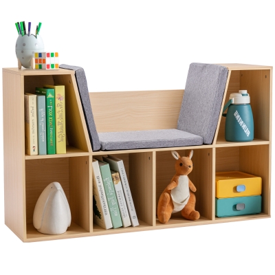 HOMCOM 6-Cubby Kids Bookcase with Cushion, Natural Storage