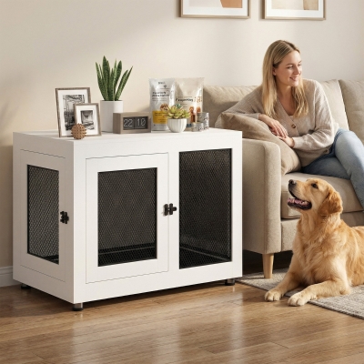 PawHut Pet Crate End Table with Water-resistant Cushion or Large Medium Dogs, White