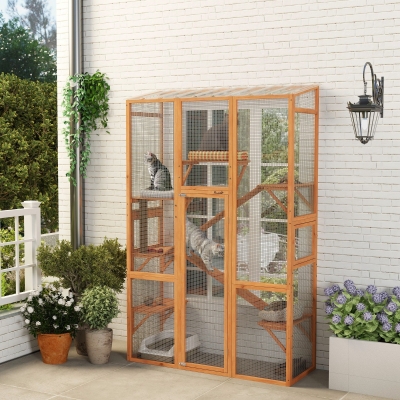 PawHut Large Outdoor Catio with 6 Jumping Platforms, Scratching Post, 2 Ramps, Waterproof Roof, Orange