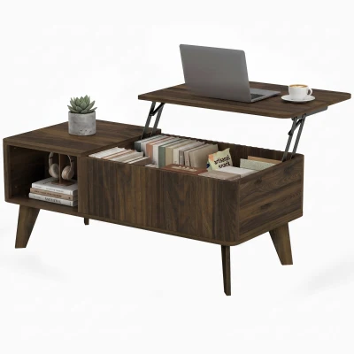HOMCOM 40" Fluted Lift Top Coffee Table with Storage, Mid-Century Coffee Table with Hidden Compartment, Open Shelf, Walnut