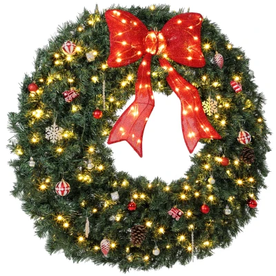 HOMCOM Artificial Xmas Wreath, 48 Inch Pre-Lit Christmas Wreath with 200 LED Lights, Lighted Bow and 31 Ornament Set, Green