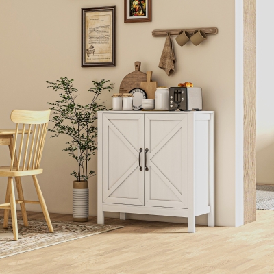 HOMCOM Sideboard Buffet, Kitchen Storage Cabinet with Barn Door and Adjustable Shelves, Storage Pantry, White Wood Grain