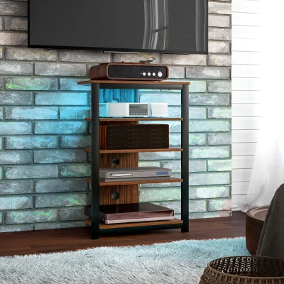 HOMCOM LED TV Stand with Storage Shelves, Steel Frame, Brown