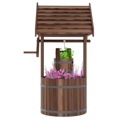 Outsunny Wood Wishing Well Outdoor Wooden Planter with Hanging Bucket and Drainage Hole for Garden, Patio, Backyard, Tan
