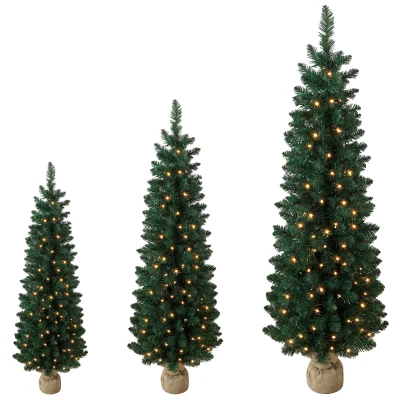 HOMCOM Artificial Pencil Christmas Tree Set of 3, Pre-Lit Christmas Trees with PVC Tips and Warm White LED Lights, Green