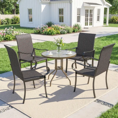 Outsunny Set of 4 Outdoor Wicker Dining Chairs with Armrests, Brown
