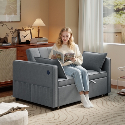 HOMCOM 3‑in‑1 Convertible Sofa Bed, Pull Out Sleeper Sofa with USB Charging, Adjustable Backrest, Side Pockets, Dark Grey