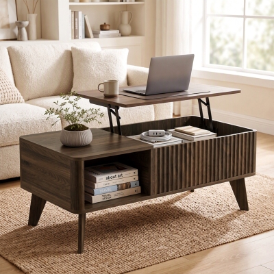 HOMCOM 40" Fluted Lift Top Coffee Table with Storage, Mid-Century Coffee Table with Hidden Compartment, Open Shelf, Walnut