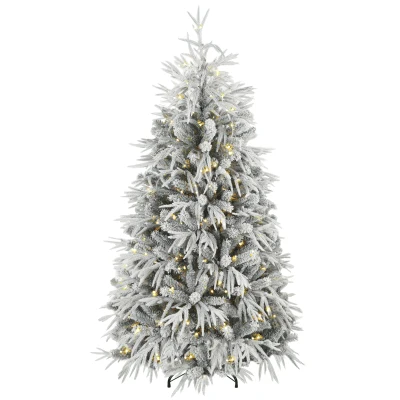 HOMCOM 6ft Prelit Flocked Christmas Tree, Artificial Norfolk Pine Downswept Hinged Xmas Tree with 250 LEDs, Green and White