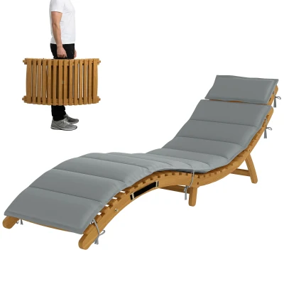 Outsunny Folding Chaise Lounge Chair Outdoor, Acacia Wood Lounger Tanning Chair with Cushion, Headrest, Light Grey