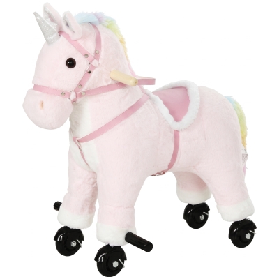 Qaba Unicorn Ride on Toy for Girls 2-5 Years, Ride On Unicorn with Wheels and Sounds for Active Play, Birthday Gift, Pink