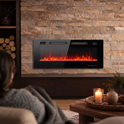 HOMCOM 50" Electric Fireplace, Ultra-Thin Recessed, Wall Mounted and Freestanding Fireplace w/ Flame Effect, 750W/1500W, Black
