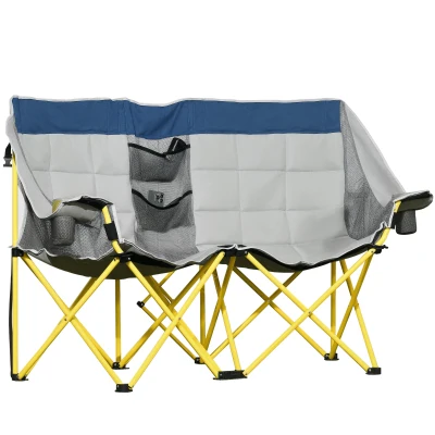 Outsunny 62" W Double Seat Camping Chair Folding Lawn Loveseat w/ Storage Pocket & Cup Holder Compact in a Bag for Outdoor, Beach, Picnic, Hiking, Travel, Navy Blue