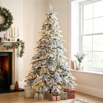 HOMCOM 7ft Prelit Flocked Christmas Tree, Downswept Hinged Xmas Tree with LED Lights, 8 Modes, Daily Timer, Remote