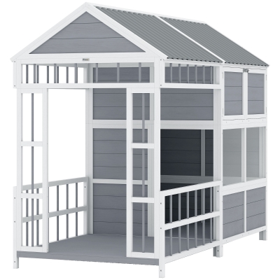 PawHut 79"L Large Dog House Outdoor, Wooden Dog Kennel with Porch, Storage Cabinet,Weatherproof Roof, Windows