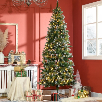 HOMCOM 7.5' Decorated Christmas Trees, Skinny Prelit Artificial Christmas Tree with Snow-dipped Branches, Auto Open, Pinecones