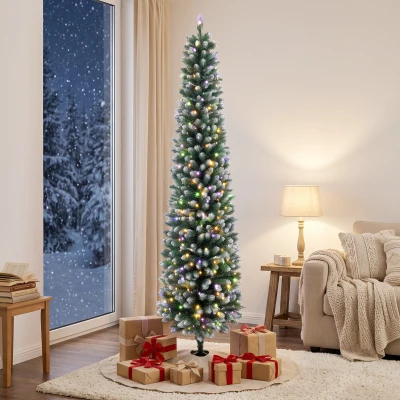 HOMCOM 6ft Slim Prelit Christmas Tree, Dual Color LED, Flocked, Remote