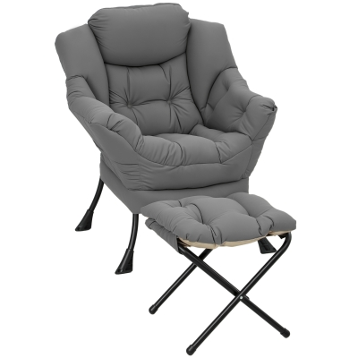 HOMCOM Lazy Chair with Ottoman, Peach Skin Fabric Reading Chair with Foldable Footstool, Plush Cushion, Tufted, Dark Grey