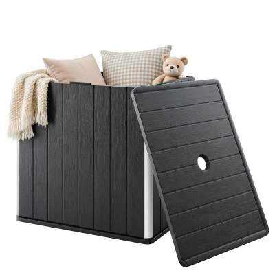 Outsunny 30 Gallon Storage Box, Outdoor Side Table with Umbrella Holder, Black