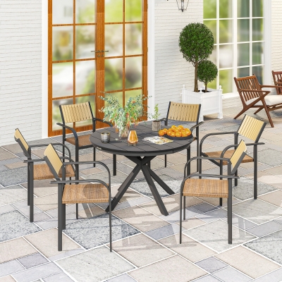 Outsunny 46.5" Outdoor Dining Table for 6, Round Picnic Table with Slatted Top for Balcony, Porch, Black