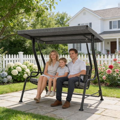 Outsunny 3-Person Porch Swing Chair, Patio Swing Bench with Adjustable Canopy, Removable Thicken Cushion, Black