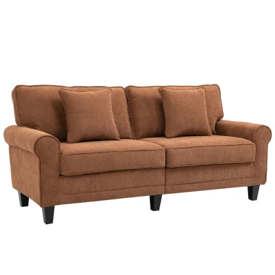 HOMCOM Modern 3 Seater Sofa, Corduroy Fabric 3 Seater Couch with Pine Wood Legs and Rolled Armrests for Living Room, Brown